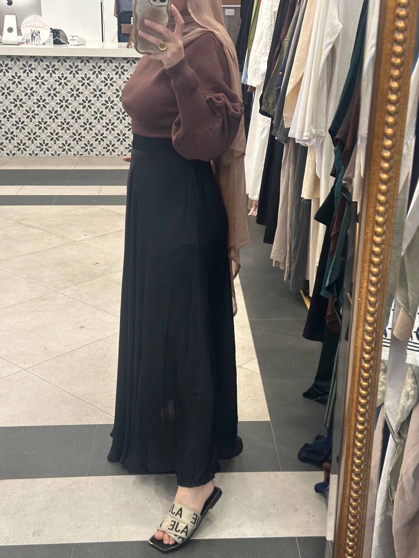 Black satin skirt pockets