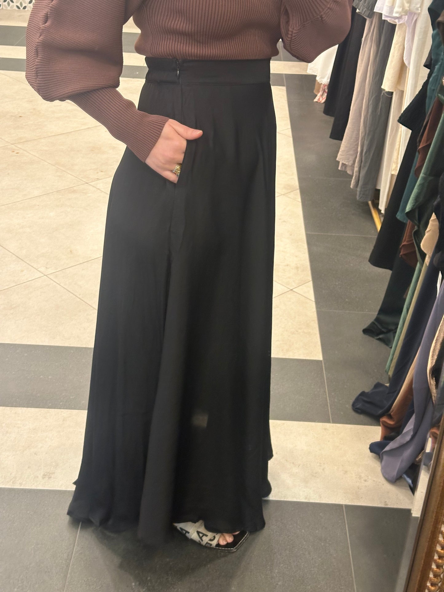 Black satin skirt pockets