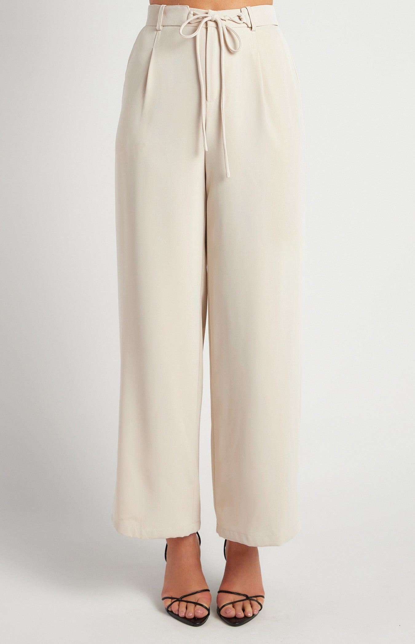 Belt Detail Wide Leg Pants- Bone