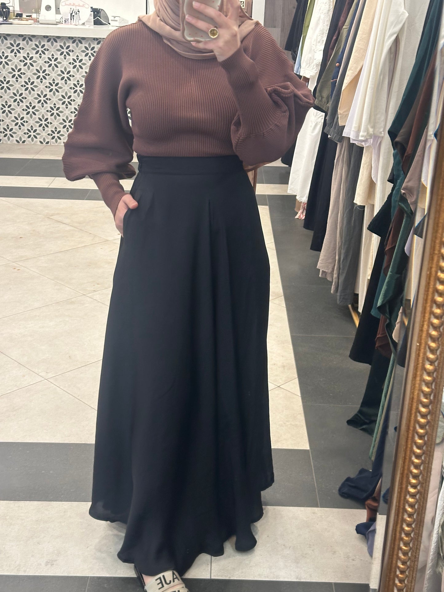 Black satin skirt pockets