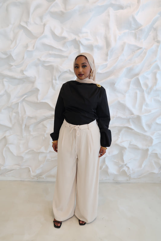 Belt Detail Wide Leg Pants- Bone