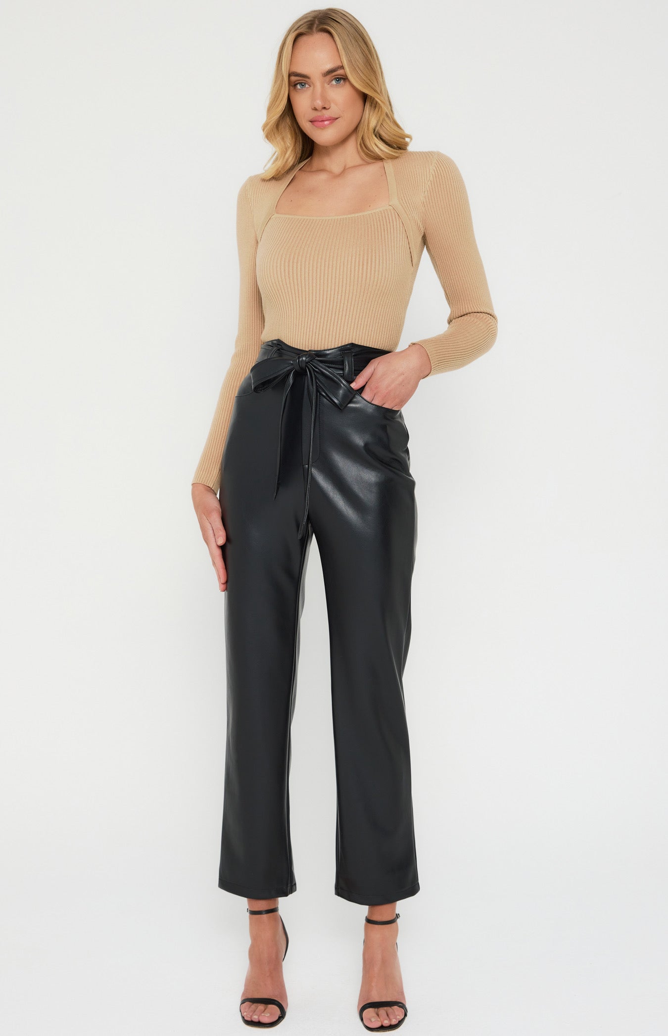 Pointed Waistband Feature Faux Leather Pants