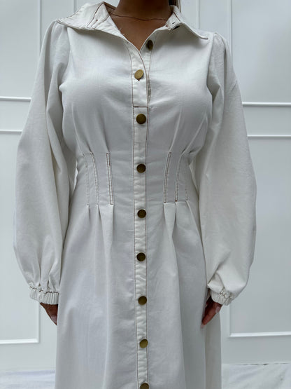 Isabella Button Denim Dress- White