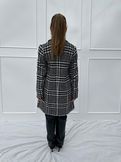 Houndstooth Faux Wool Coat With Contrast Belt