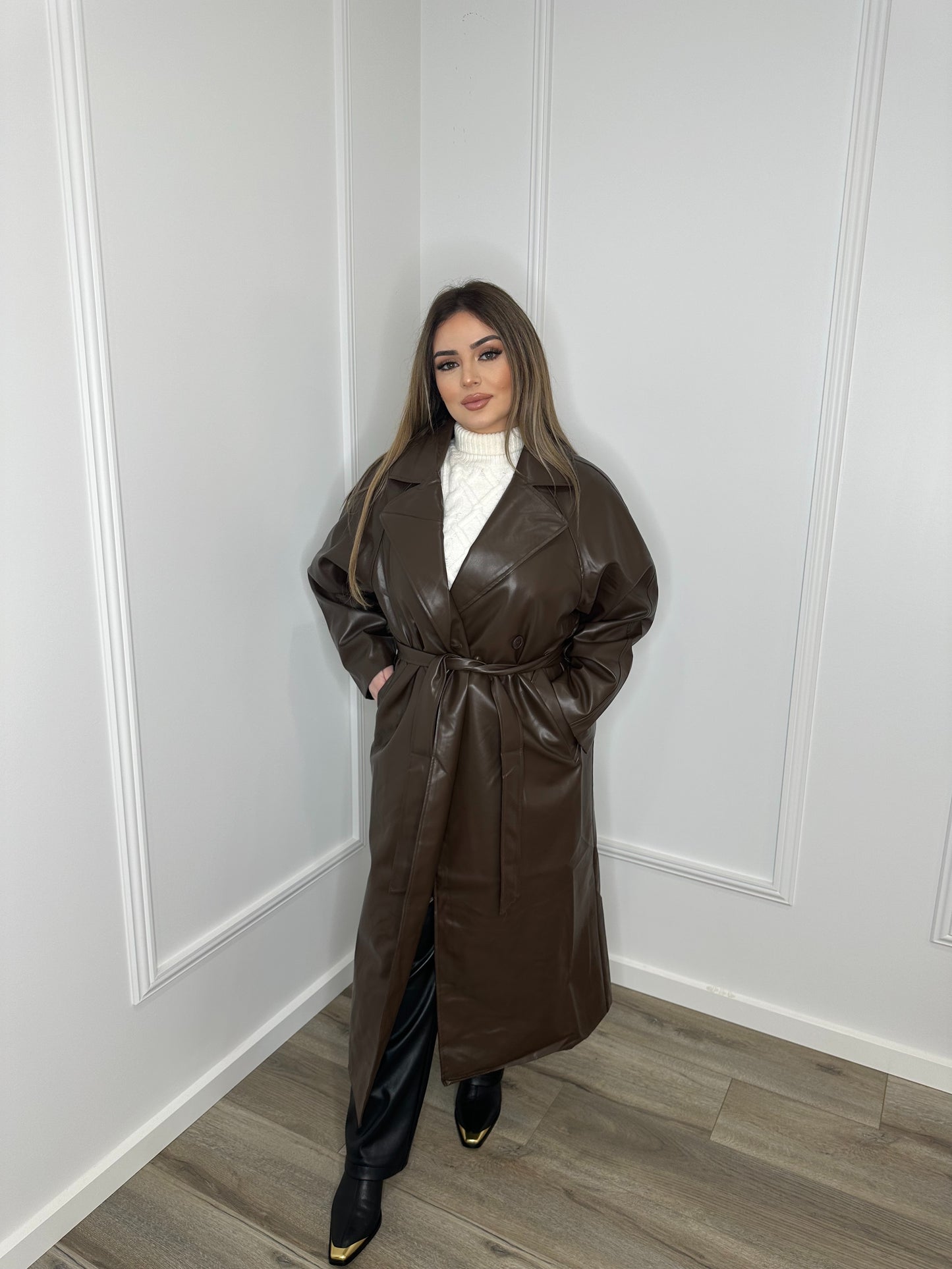 Leather Trench Coat- Chocolate