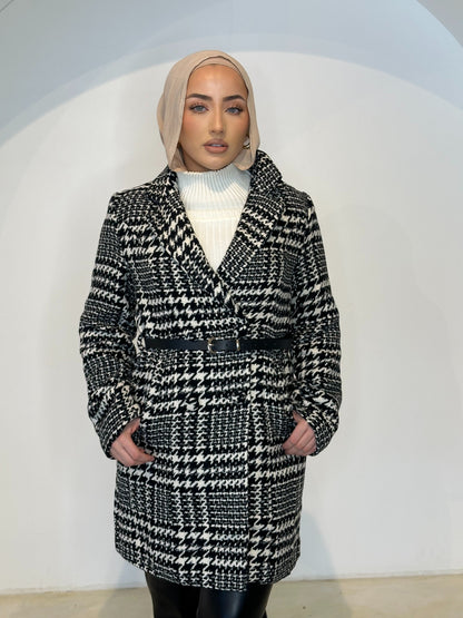 Houndstooth Faux Wool Coat With Contrast Belt