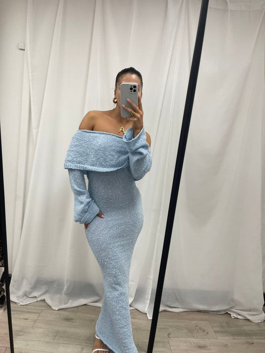 Off the shoulder knit dress-Blue