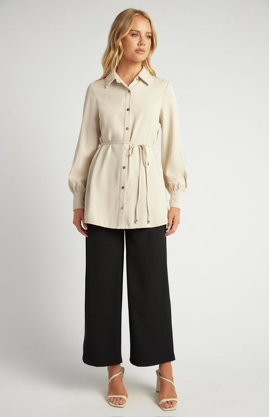 Longline Button Shirt-Beige