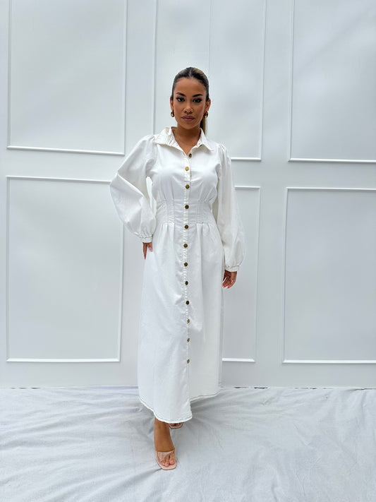 Isabella Button Denim Dress- White