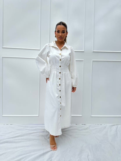 Isabella Button Denim Dress- White