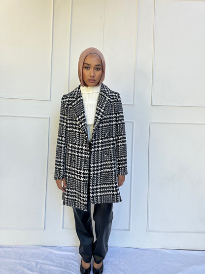 Houndstooth Faux Wool Coat With Contrast Belt