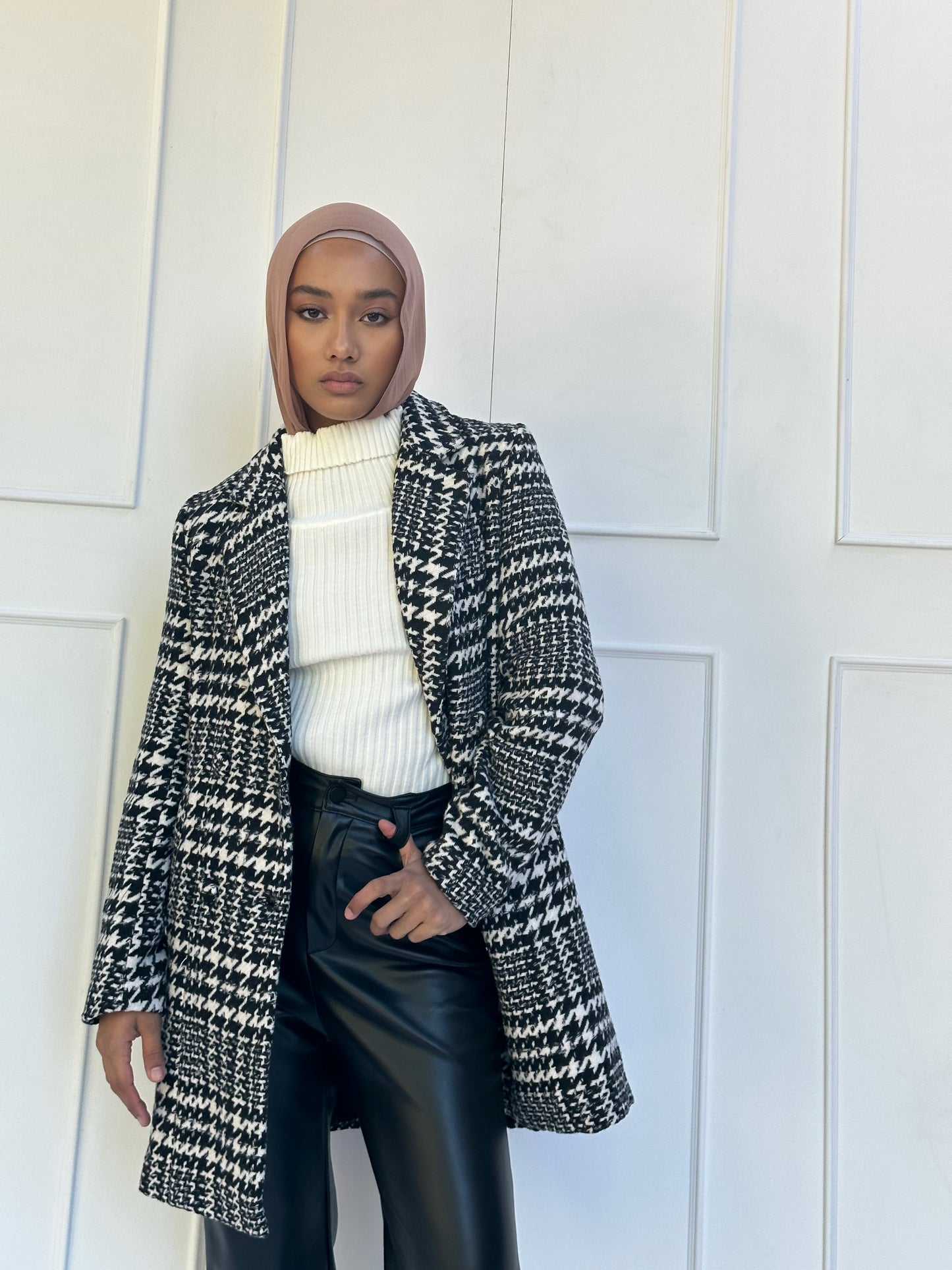 Houndstooth Faux Wool Coat With Contrast Belt