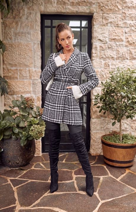 Houndstooth Faux Wool Coat With Contrast Belt