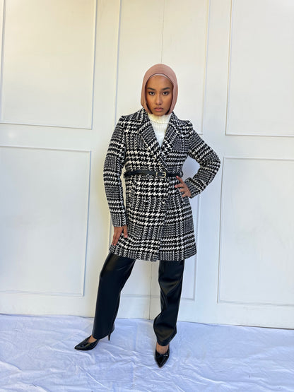 Houndstooth Faux Wool Coat With Contrast Belt