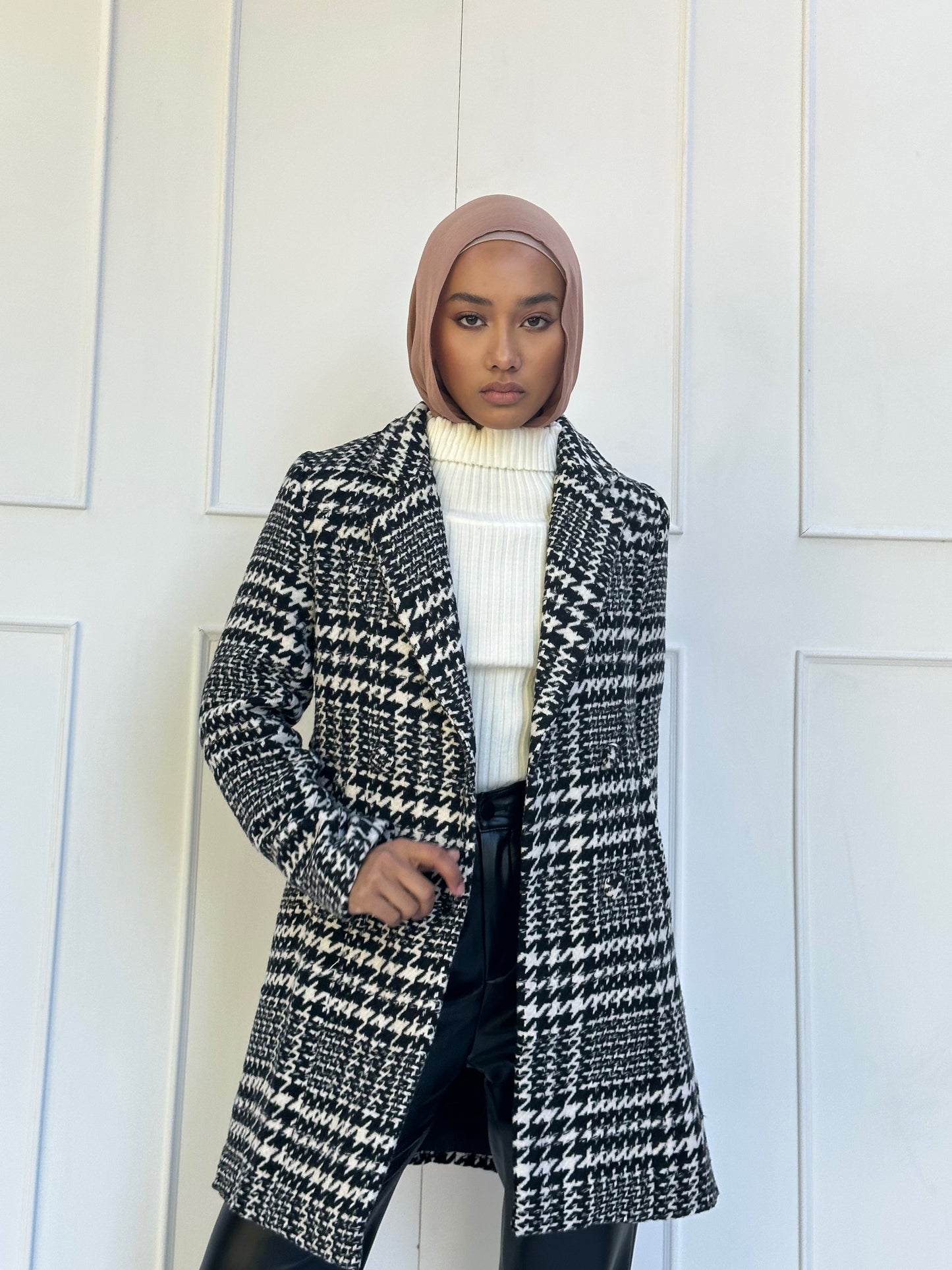 Houndstooth Faux Wool Coat With Contrast Belt
