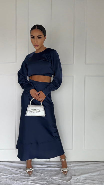 Lana Maxi Satin Skirt- Navy