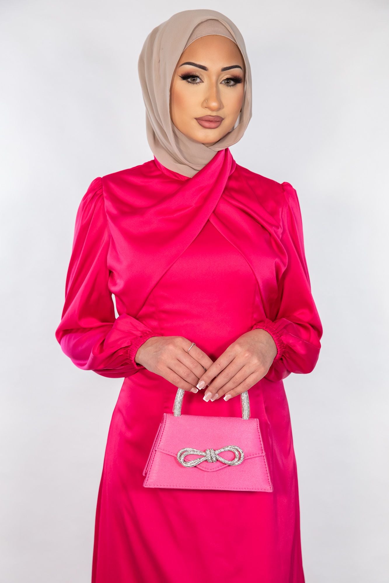 Amany Cross Over Halter Neck Maxi Dress- Hot Pink